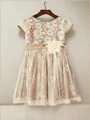A-line Scoop Short Sleeves Tea-Length Fairy-tale Lace Flower Girl Dress With Hand-Made Flower