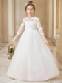 Ball-Gown Princess Scoop 3/4 Sleeves Floor-Length Tulle Whimsical Flower Girl Dress