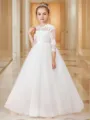 Ball-Gown Princess Scoop 3/4 Sleeves Floor-Length Tulle Whimsical Flower Girl Dress