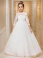 Ball-Gown Princess Scoop 3/4 Sleeves Floor-Length Tulle Whimsical Flower Girl Dress