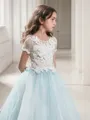 A-line Princess Scoop Short Sleeves Floor-Length Joyful Tulle Flower Girl Dress With Lace