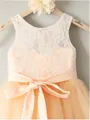 A-line Princess Scoop Sleeveless Graceful Tea-Length Tulle Flower Girl Dress With Sash