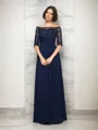 A-line Off-the-Shoulder 1/2 Sleeves Glamorous Floor-Length Chiffon Mother of the Bride Dress With Beading