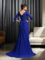 A-line V-Neck Gracious 3/4 Sleeves Sweep Train Chiffon Mother of the Bride Dress With Applique