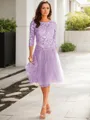 A-line Scoop 3/4 Sleeves Knee-Length Polished Tulle Mother of the Bride Dress