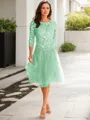 A-line Scoop 3/4 Sleeves Knee-Length Polished Tulle Mother of the Bride Dress