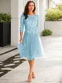 A-line Scoop 3/4 Sleeves Knee-Length Polished Tulle Mother of the Bride Dress