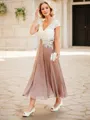A-line V-Neck Short Sleeves Tea-Length Modest Chiffon Mother of the Bride Dress