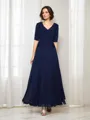A-line V-Neck 1/2 Sleeves Rhythmic Ankle-Length Chiffon Mother of the Bride Dress