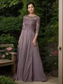 A-line Scoop 3/4 Sleeves Floor-Length Endearing Chiffon Mother of the Bride Dress