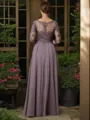 A-line Scoop 3/4 Sleeves Floor-Length Endearing Chiffon Mother of the Bride Dress