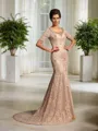 Unique Trumpet/Mermaid V-Neck 1/2 Sleeves Court Train Silk like Satin Mother of the Bride Dress With Lace