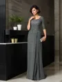 A-line Scoop 1/2 Sleeves Sweep Train Glamorous Chiffon Mother of the Bride Dress With Beading
