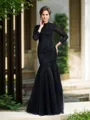 Trumpet/Mermaid Charming High Neck Long Sleeves Floor-Length Tulle Mother of the Bride Dress With Applique