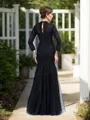 Trumpet/Mermaid Charming High Neck Long Sleeves Floor-Length Tulle Mother of the Bride Dress With Applique