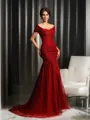 Trumpet/Mermaid Off-the-Shoulder Short Sleeves Sweep Train Rhythmic Satin Mother of the Bride Dress With Beading