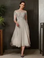 A-line Scoop 3/4 Sleeves Tea-Length Endearing Chiffon Mother of the Bride Dress