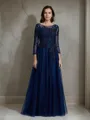 A-line Scoop Elegant Long Sleeves Floor-Length Tulle Mother of the Bride Dress