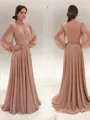 A-line V-Neck Long Sleeves Sweep Train Chiffon Stylish Mother of the Bride Dress
