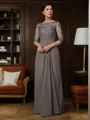 A-line Scoop 3/4 Sleeves Flattering Floor-Length Chiffon Mother of the Bride Dress