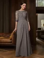 A-line Scoop 3/4 Sleeves Flattering Floor-Length Chiffon Mother of the Bride Dress