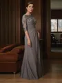 A-line Scoop 3/4 Sleeves Flattering Floor-Length Chiffon Mother of the Bride Dress