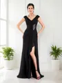 A-line V-Neck Sleeveless Sweep Train Glamorous Chiffon Mother of the Bride Dress With Ruffles