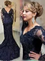 Tasteful Sheath/Column V-Neck Long Sleeves Chapel Train Lace Mother of the Bride Dress