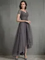 A-line V-Neck Short Sleeves Asymmetrical Tulle Polished Mother of the Bride Dress