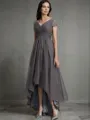 A-line V-Neck Short Sleeves Asymmetrical Tulle Polished Mother of the Bride Dress