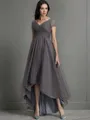 A-line V-Neck Short Sleeves Asymmetrical Tulle Polished Mother of the Bride Dress