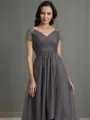 A-line V-Neck Short Sleeves Asymmetrical Tulle Polished Mother of the Bride Dress