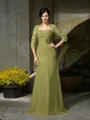 A-line Sweetheart 1/2 Sleeves Floor-Length Statuesque Chiffon Mother of the Bride Dress With Hand-Made Flower