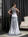 Tasteful Trumpet/Mermaid Scoop Short Sleeves Sweep Train Silk like Satin Mother of the Bride Dress With Beading