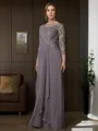 A-line Scoop 3/4 Sleeves Floor-Length Sophisticated Chiffon Mother of the Bride Dress