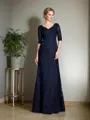Sheath/Column V-Neck 1/2 Sleeves Floor-Length Graceful Satin Mother of the Bride Dress With Applique