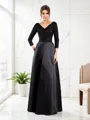 A-line V-Neck 3/4 Sleeves Floor-Length Satin Regal Mother of the Bride Dress With Beading