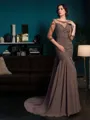 Sheath/Column Scoop Refined 3/4 Sleeves Court Train Chiffon Mother of the Bride Dress With Beading