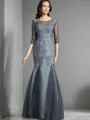 Sheath/Column Scoop 1/2 Sleeves Floor-Length Tulle Glamorous Mother of the Bride Dress With Applique
