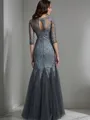 Sheath/Column Scoop 1/2 Sleeves Floor-Length Tulle Glamorous Mother of the Bride Dress With Applique