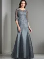 Sheath/Column Scoop 1/2 Sleeves Floor-Length Tulle Glamorous Mother of the Bride Dress With Applique