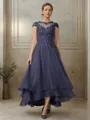 A-line Scoop Short Sleeves Asymmetrical Gracious Chiffon Mother of the Bride Dress