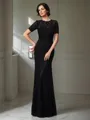 Polished Sheath/Column Jewel Short Sleeves Floor-Length Silk like Satin Mother of the Bride Dress With Lace