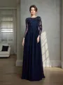A-line Modest Scoop 3/4 Sleeves Floor-Length Chiffon Mother of the Bride Dress With Applique