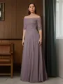A-line Off-the-Shoulder 3/4 Sleeves Floor-Length Noble Chiffon Mother of the Bride Dress