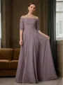 A-line Off-the-Shoulder 3/4 Sleeves Floor-Length Noble Chiffon Mother of the Bride Dress