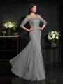 Sheath/Column Scoop 3/4 Sleeves Floor-Length Tulle Rhythmic Mother of the Bride Dress With Beading