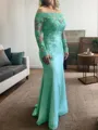 Trumpet/Mermaid Off-the-Shoulder Long Sleeves Unique Sweep Train Silk like Satin Mother of the Bride Dress With Applique