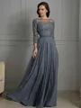 A-line Bateau 3/4 Sleeves Floor-Length Chiffon Graceful Mother of the Bride Dress