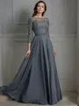 A-line Bateau 3/4 Sleeves Floor-Length Chiffon Graceful Mother of the Bride Dress